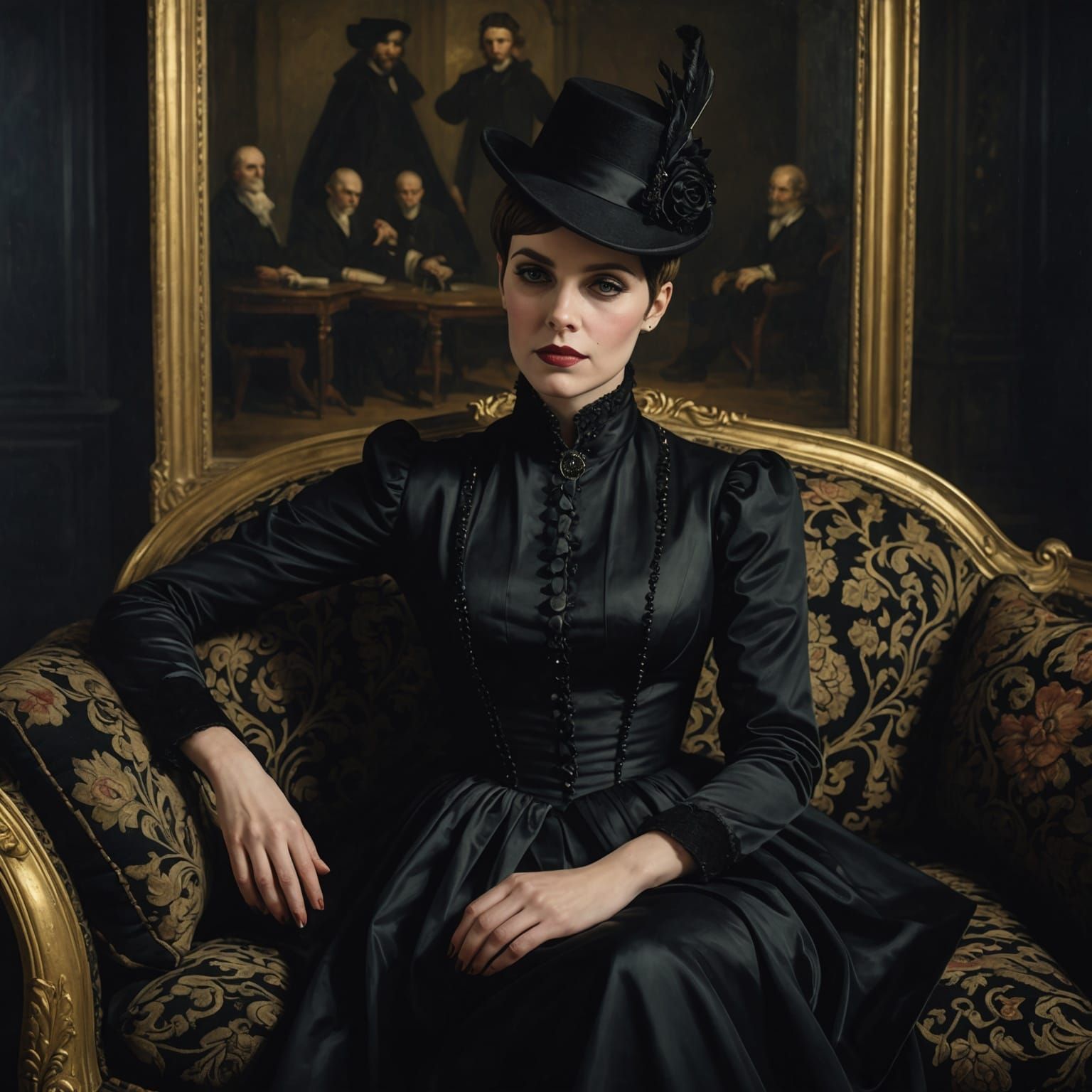 Gothic Woman in Mourning Outfit on French Sofa