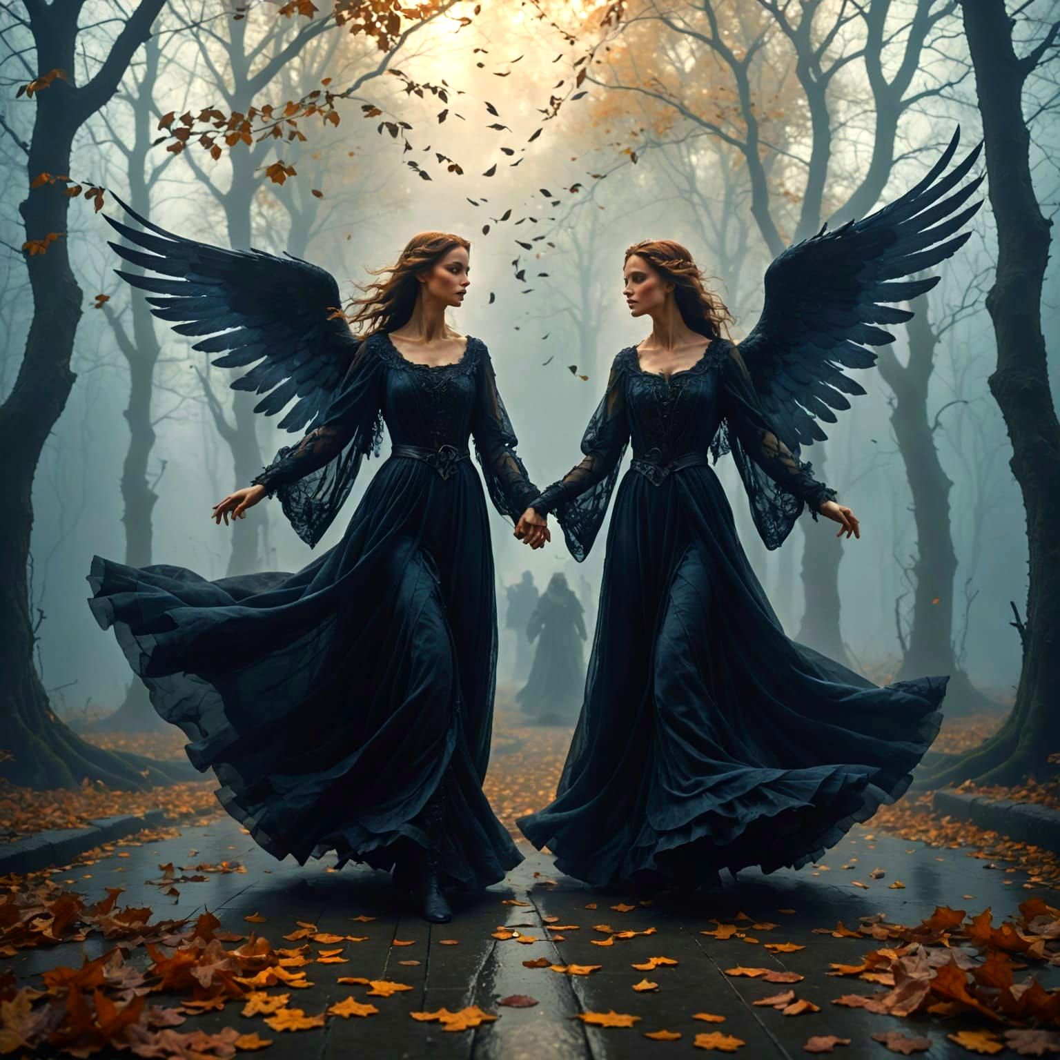 Angel and Dark Figure Dance in Surreal Gothic Mist