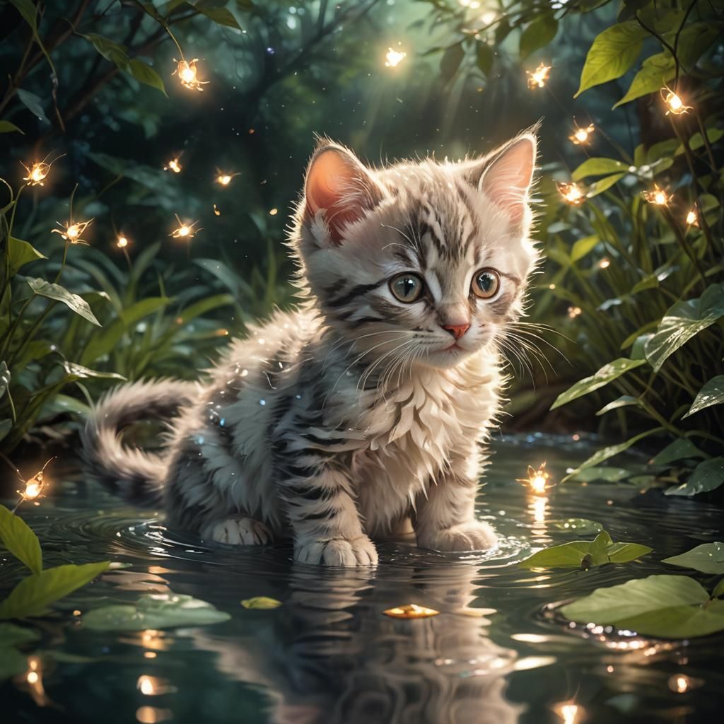 Ethereal Kitten Conjured by Fireflies at Night