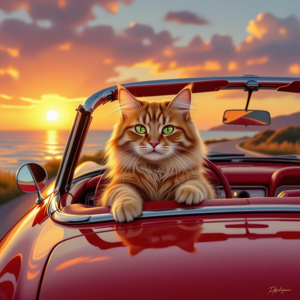 Fluffy Ginger Cat Drives Vintage Convertible at Sunset