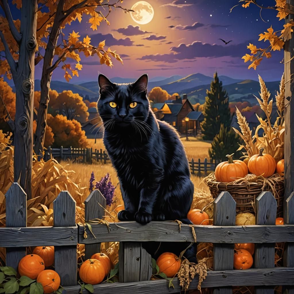 Moonlit Harvest: Black Cat in a Digital Painting