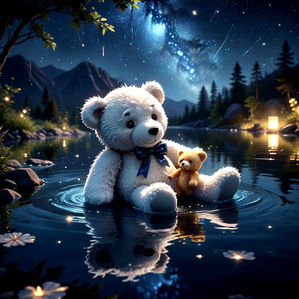 Crescent Moonlit Night Scene with a Teddy Bear