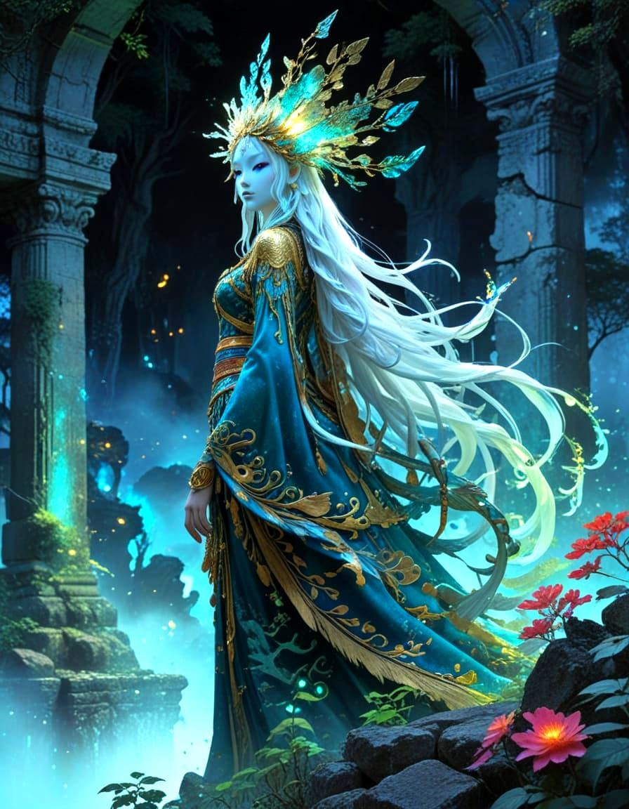 Ethereal Forest Spirit in Ancient Ruins: Manga Splash Art