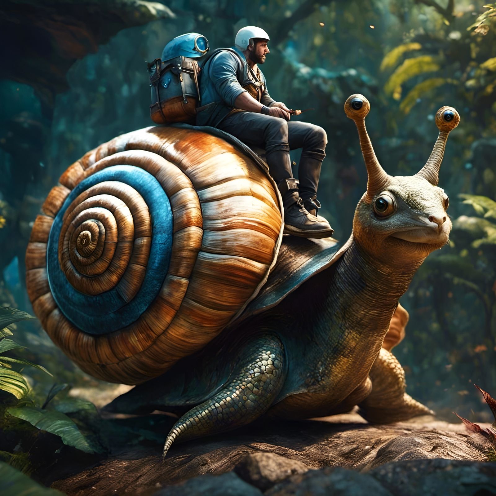 Adventurer Rides Giant Snail: Hyperdetailed Fantasy Art