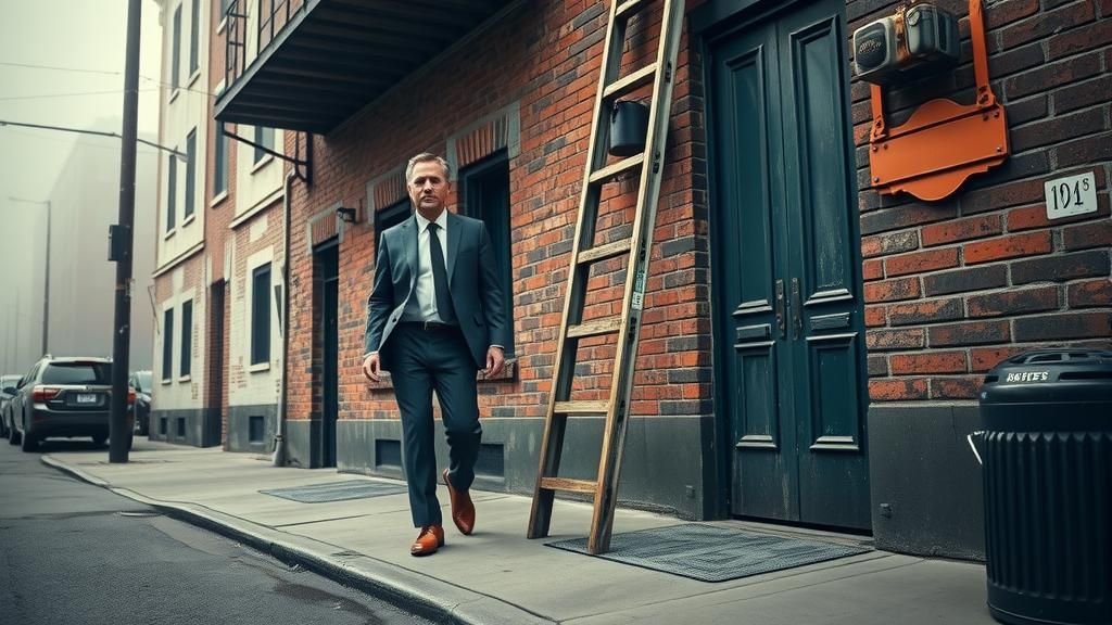 Businessman Under Ladder: Hyperrealistic HDR Street Scene