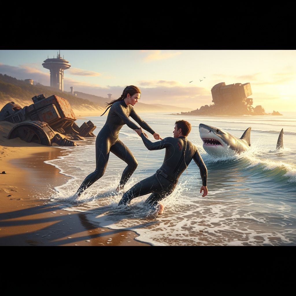 Woman Rescues Man From Shark in Futuristic Setting