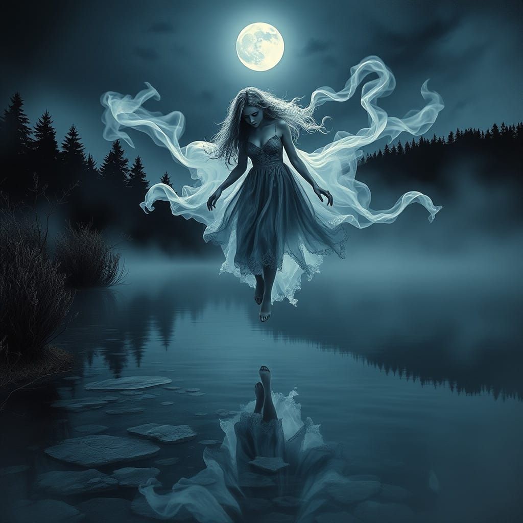 Ethereal Woman in Lacelike Robes Floats Above a Moonlit Lake