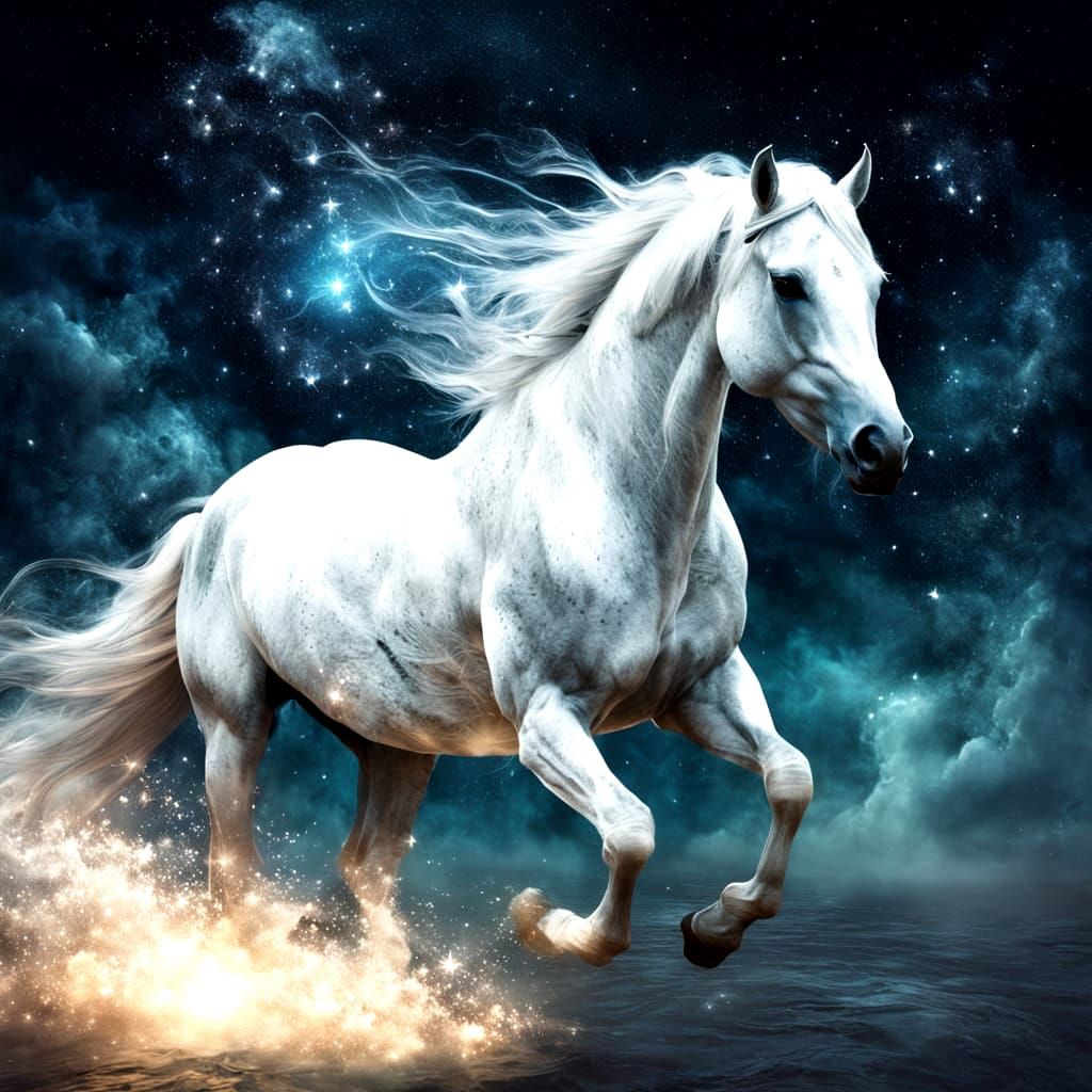 Majestic White Horse Gallops Through Celestial River