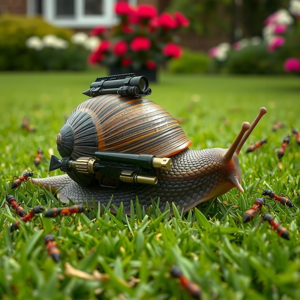 on a beautiful lawn, a snail with a shell with black steel d...
