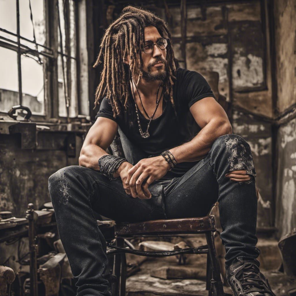 Steampunk Man with Dreadlocks in Cramped Room