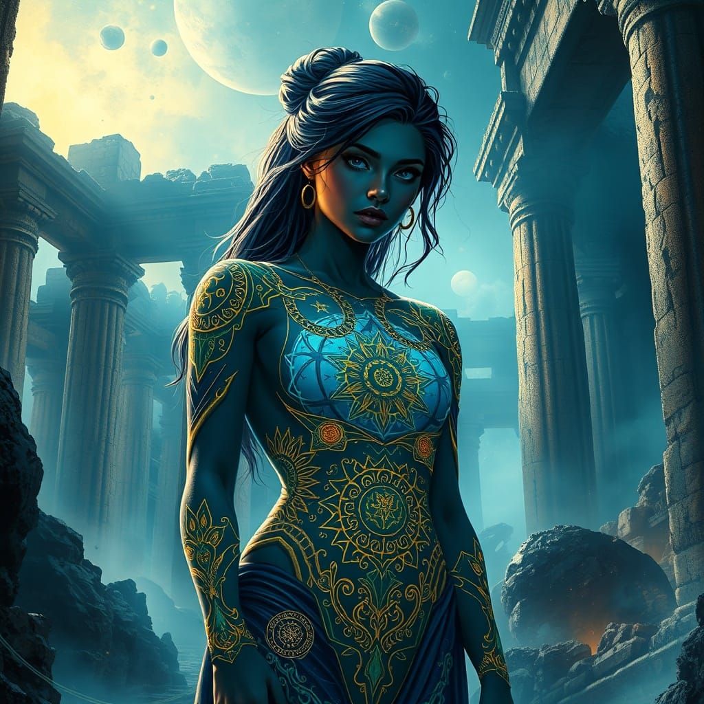 Woman with Celestial Tattoos in Ethereal Ruins