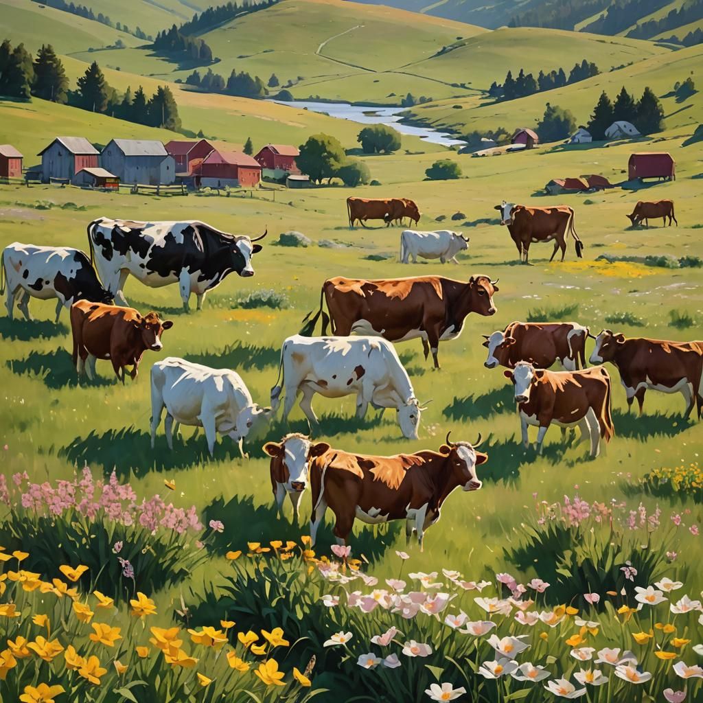 Cows Grazing in Valley, Impressionistic Acrylic Art
