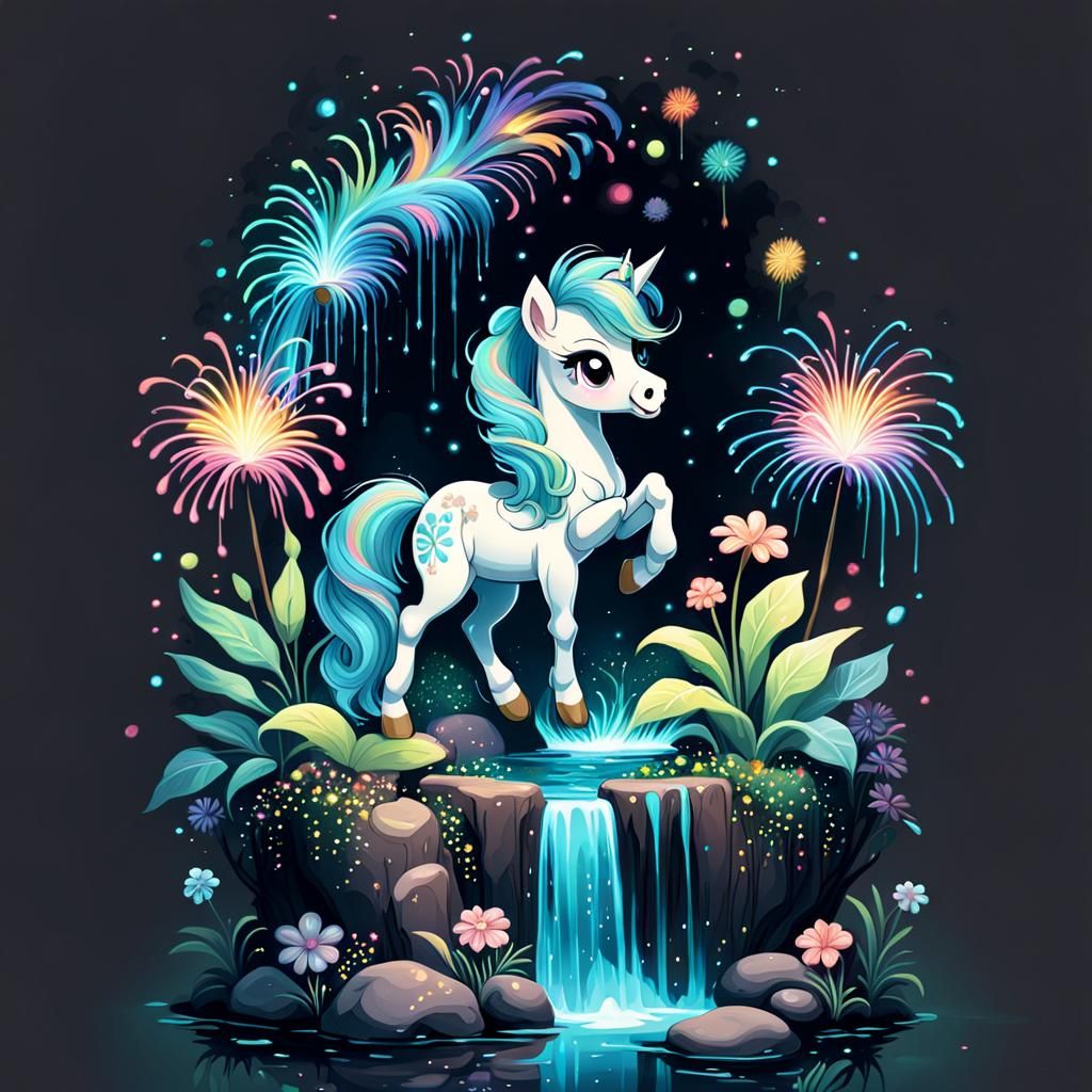 Bioluminescent Chibi Pony and Waterfall in Garden