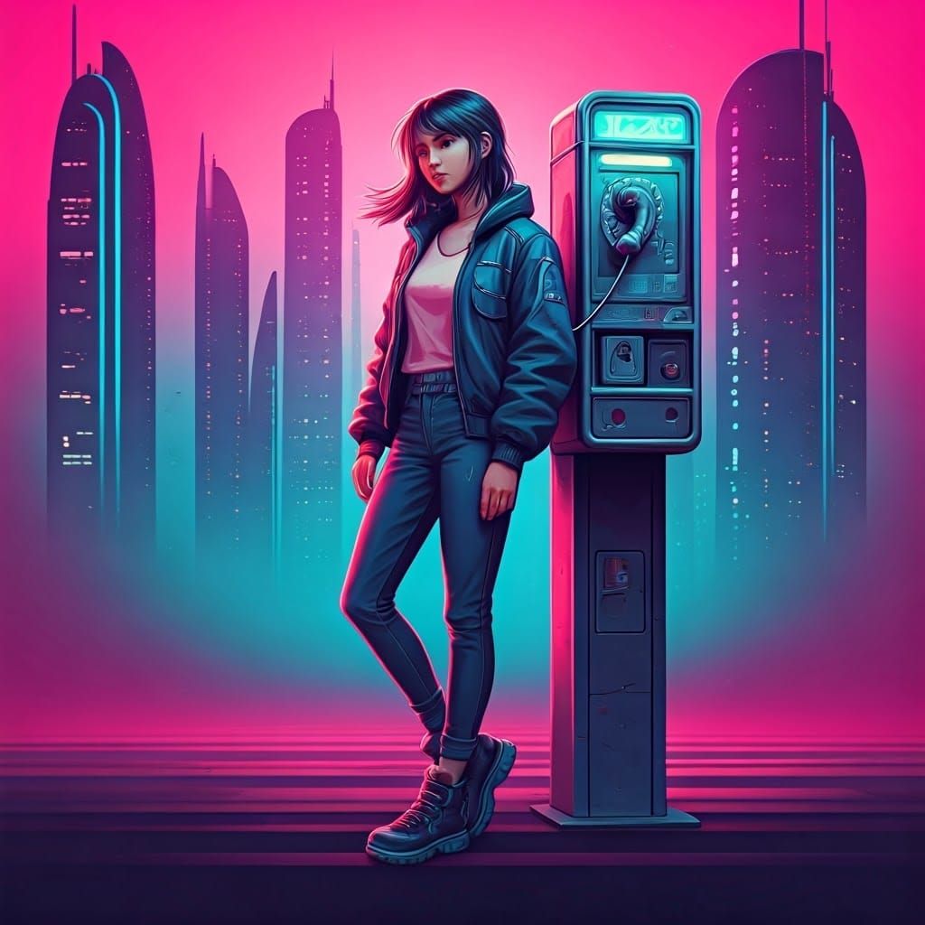 Retro-Futuristic Cityscape with Neon Skyscrapers and Payphon...