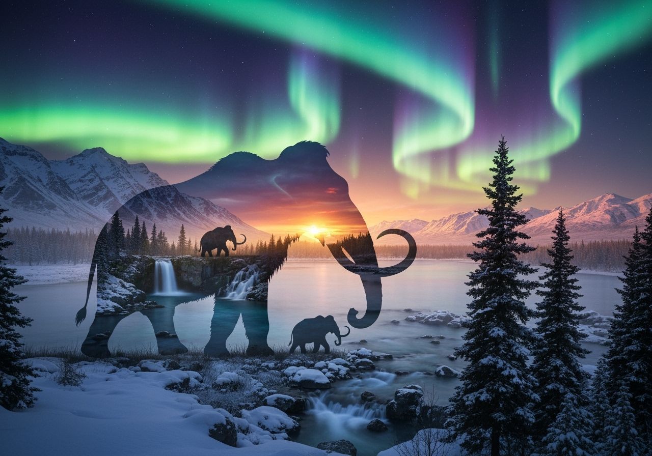 Woolly Mammoth Silhouette with Alaskan Winter Landscape