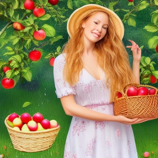 Woman Picking Apples in Orchard: Fantasy Concept Art