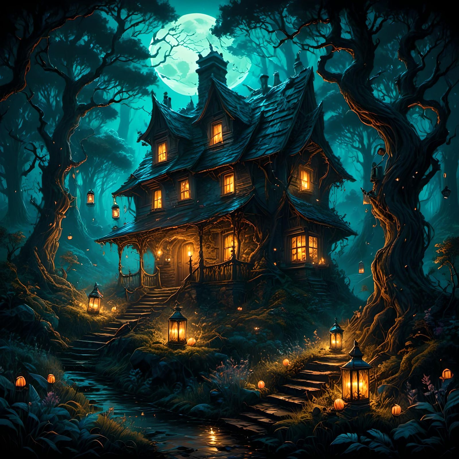 Whimsical Witch House in Dark Forest Landscape