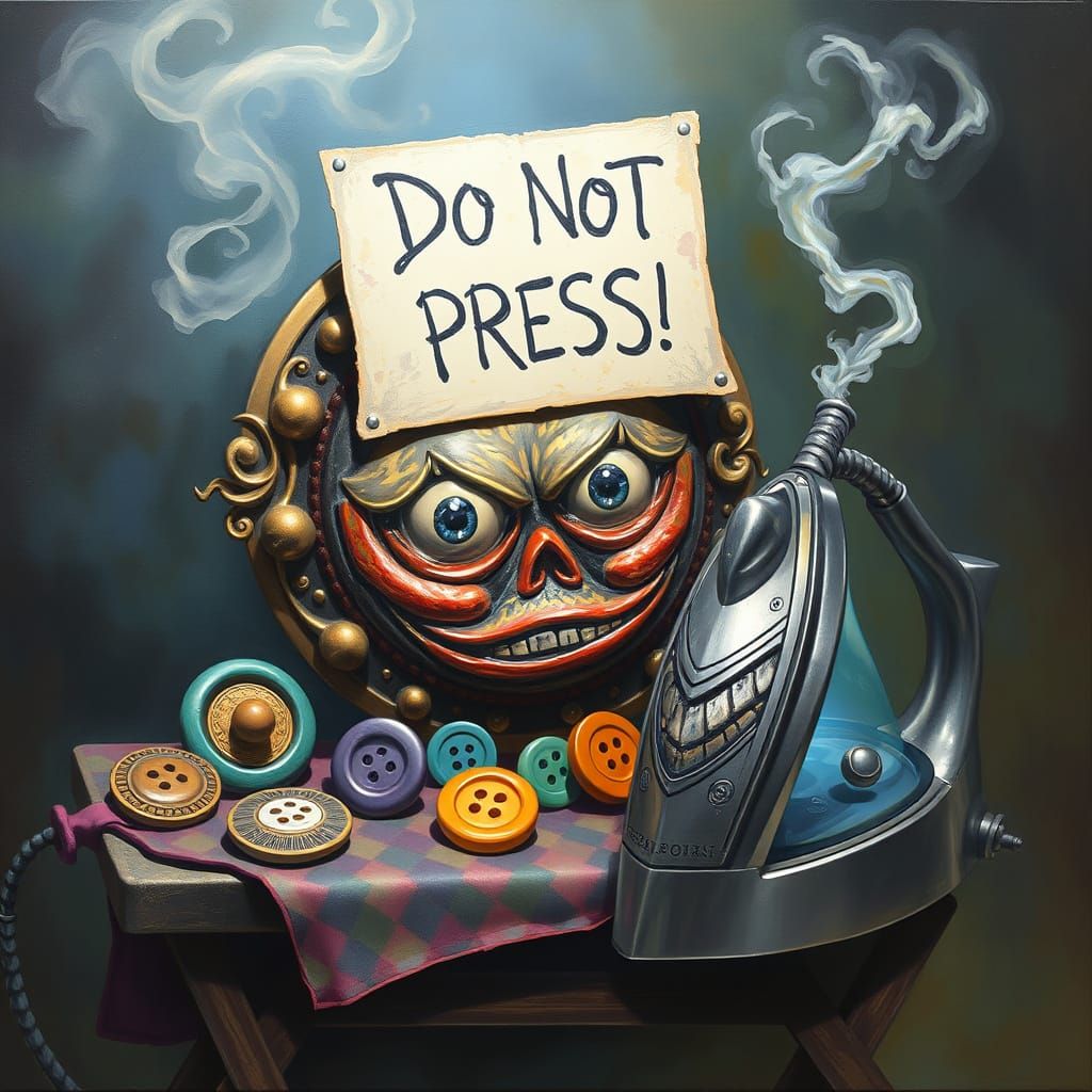 Whimsical Metal Button with Sacred Eyes and Warning Sign