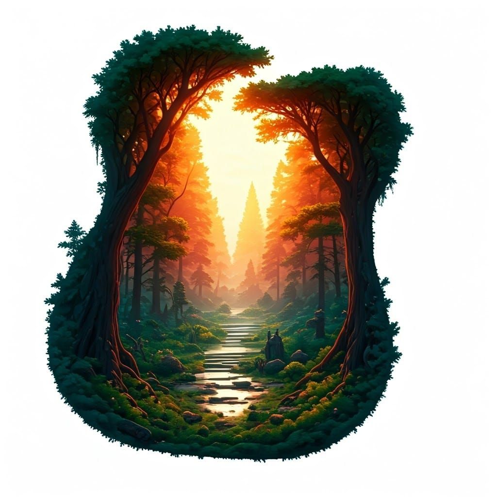 Guitar-Shaped Sunset Forest Landscape, Digital Art
