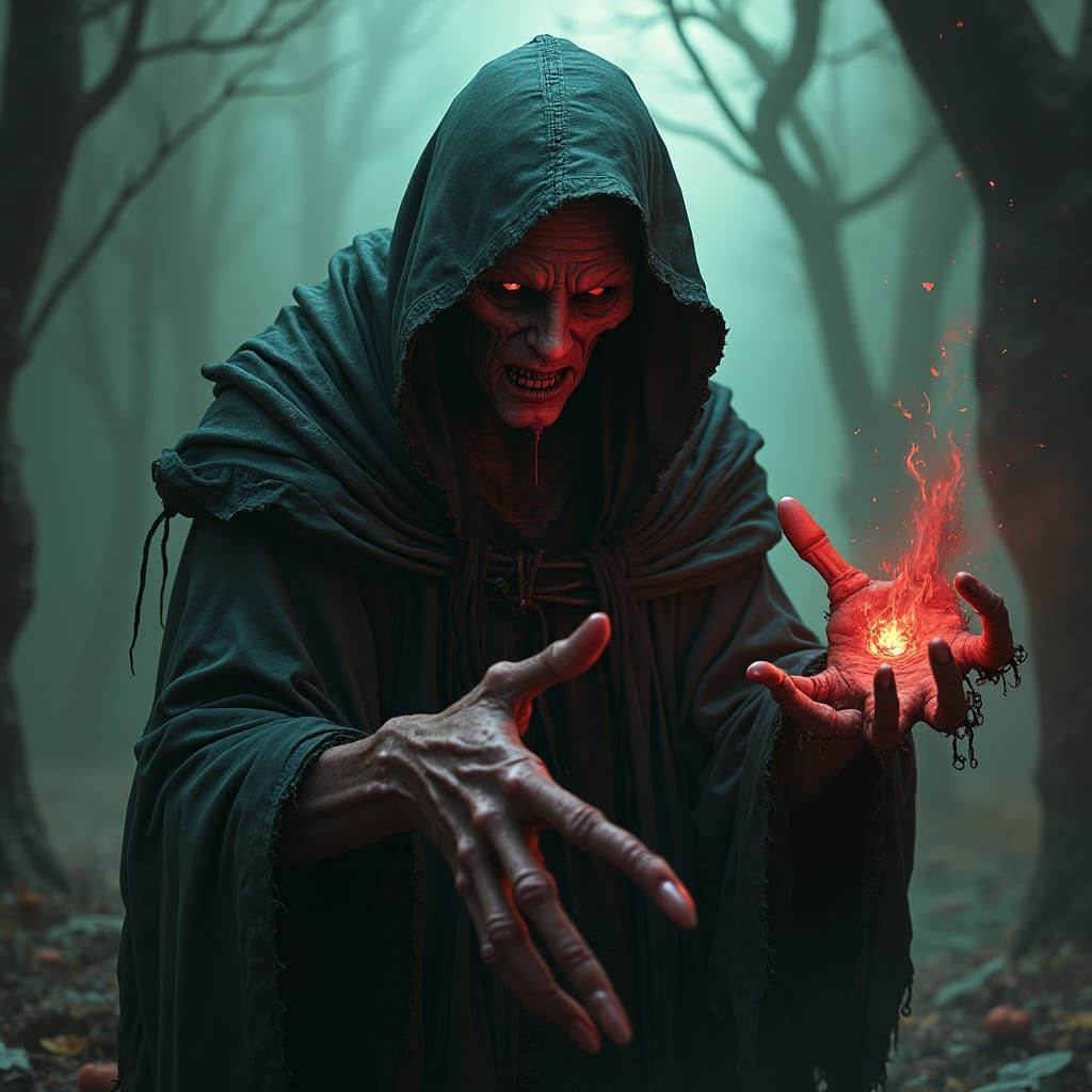 Ancient Witch Conjuring Dark Magic: Detailed Matte Painting