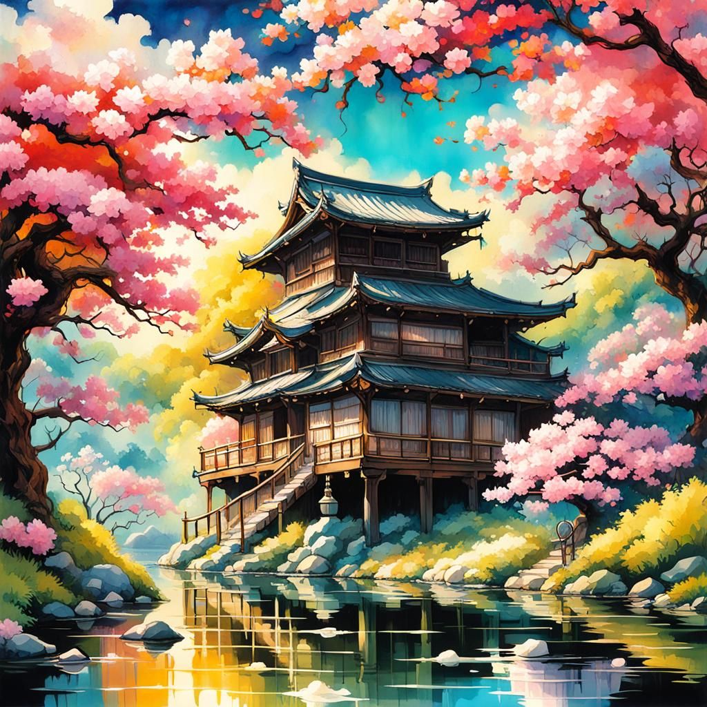 Japan spring cherry blossoms pond alcohol ink Rembrandt Naoko Takeuchi Michael Whelan beautiful ornate spring lovely