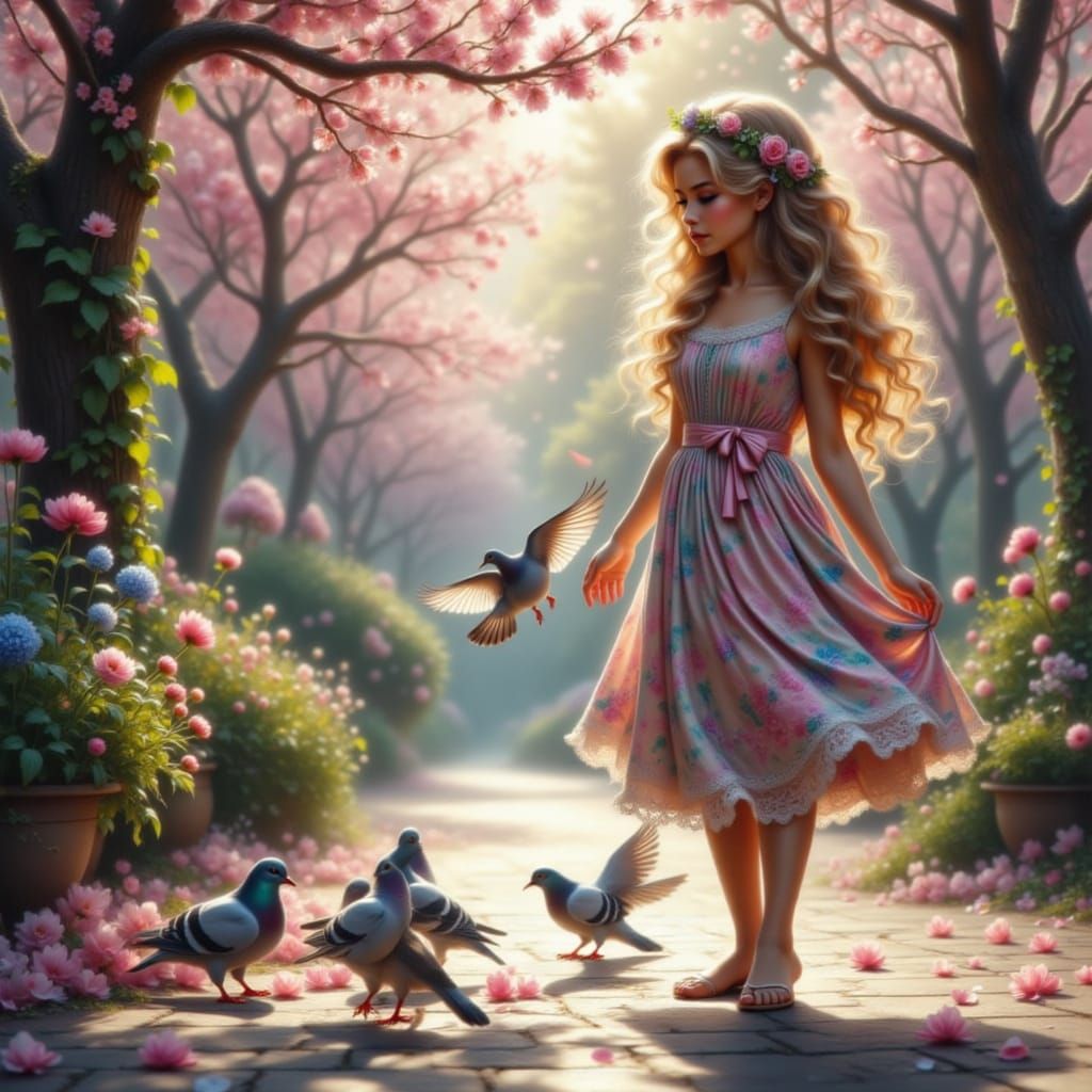 Woman Walking in City Street with Pigeons and Sparrows