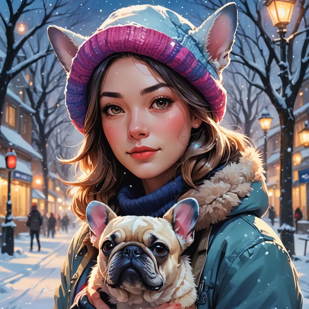 Anime Girl Walks Bulldog in Winter Wonderland