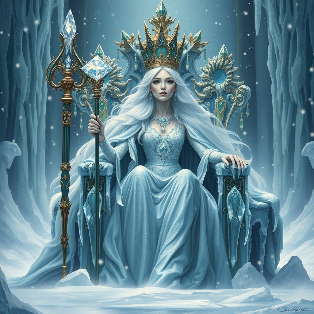 Regal Ice Queen on Frozen Throne, Art Nouveau Style