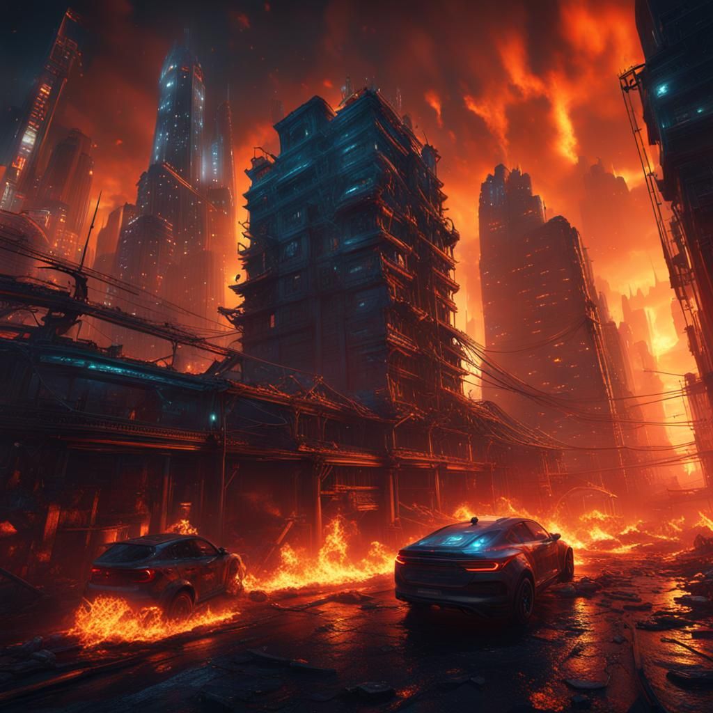 Cyberpunk City Ablaze: Detailed Matte Painting