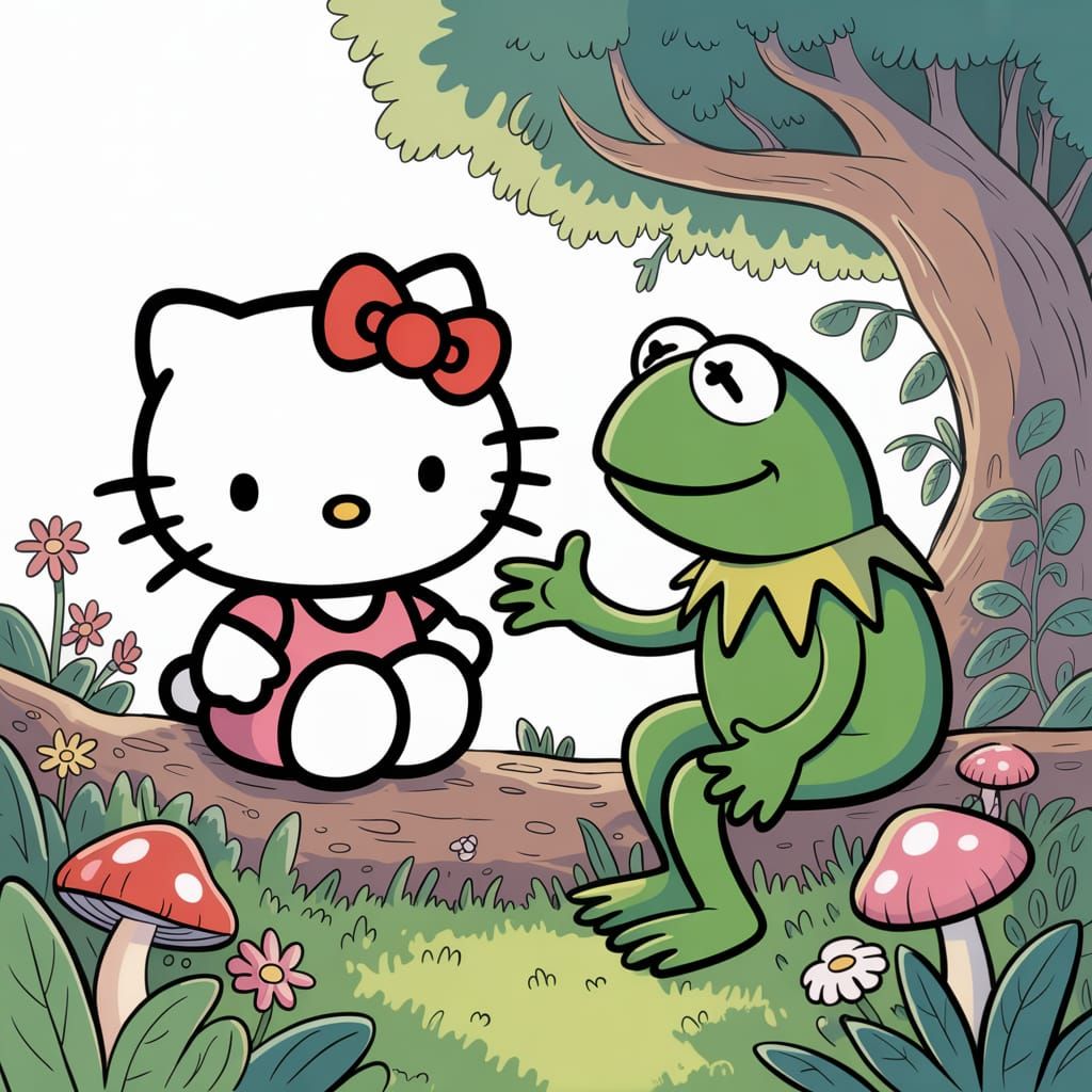 Hello Kitty and Kermit in Cartoon Forest