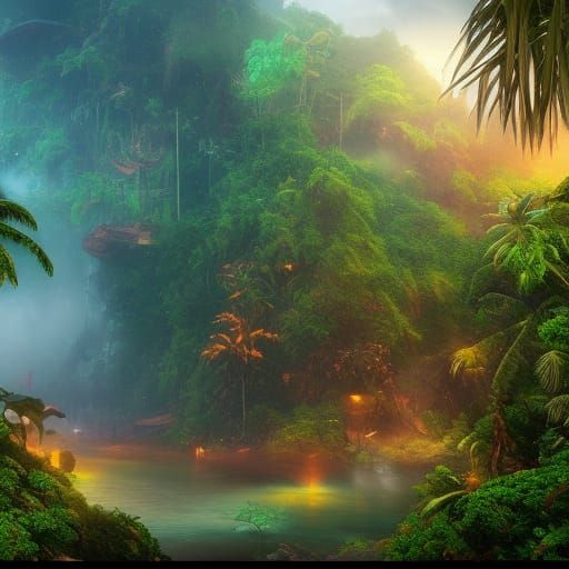 Tropical Jungle Tsunami: Detailed Matte Painting