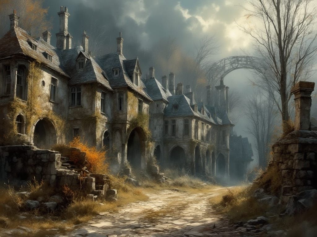 Atmospheric Abandoned Village Landscape in Painterly Style