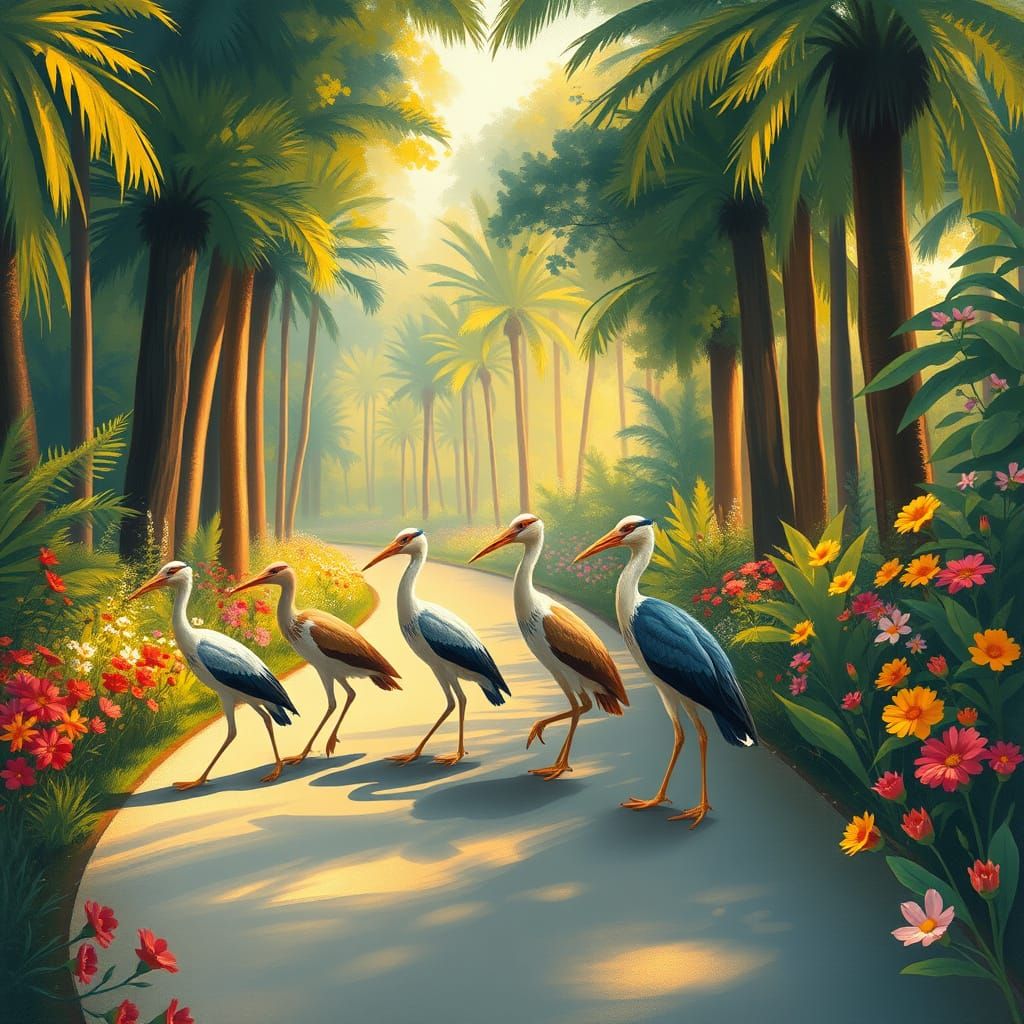 Elegant Birds Stroll Along a Winding Road in Impressionist S...