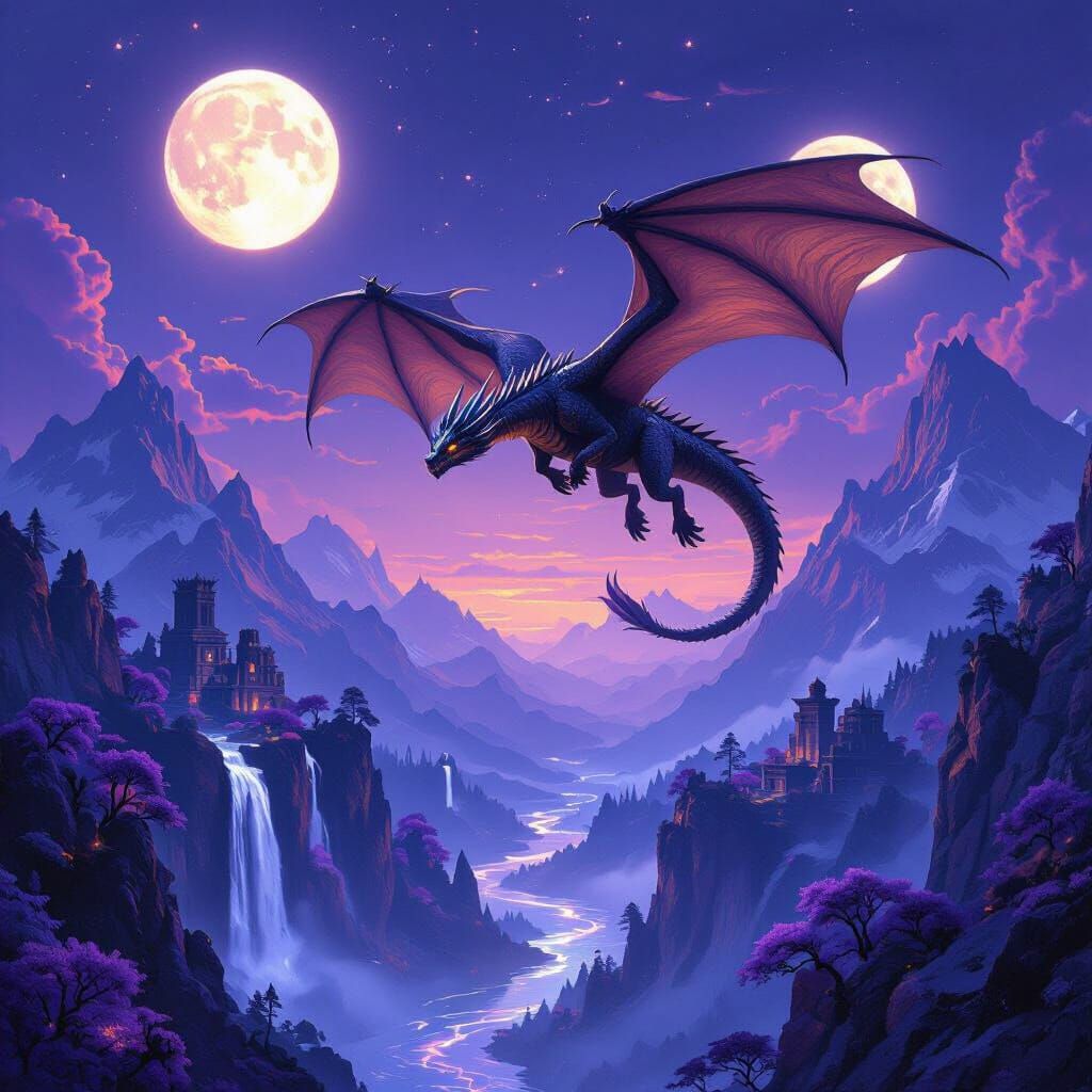Majestic Dragon Soaring Over Fantasy Landscape