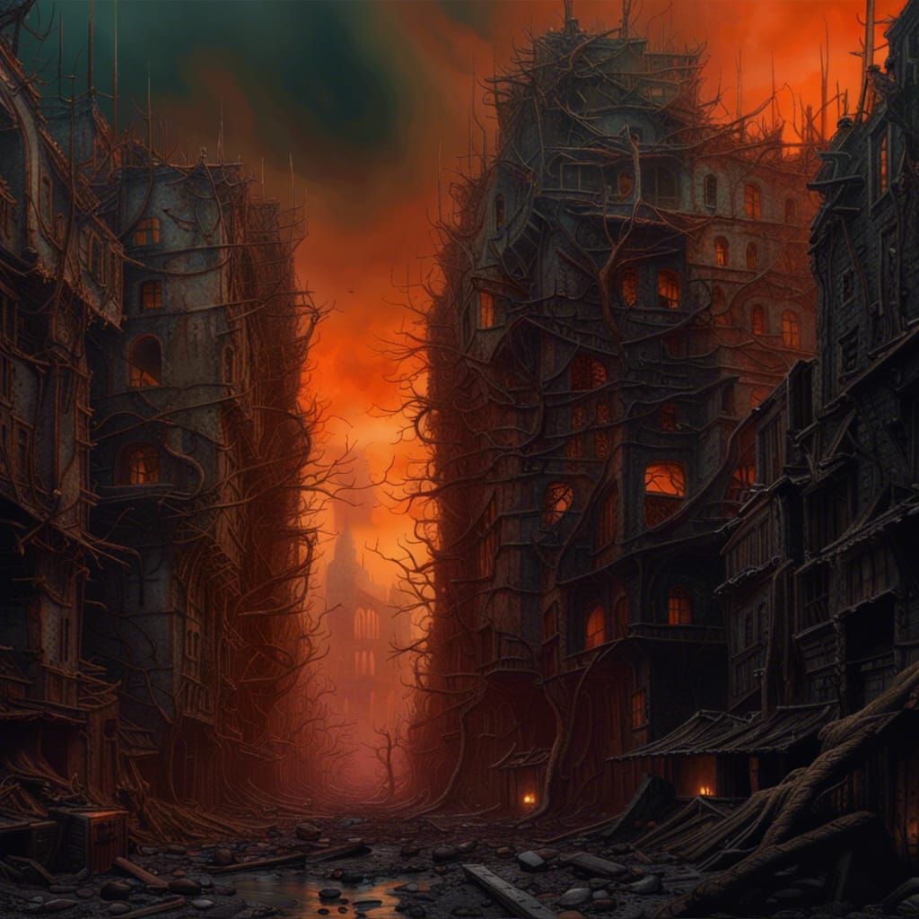Apocalyptic Cityscape in Surrealist Style