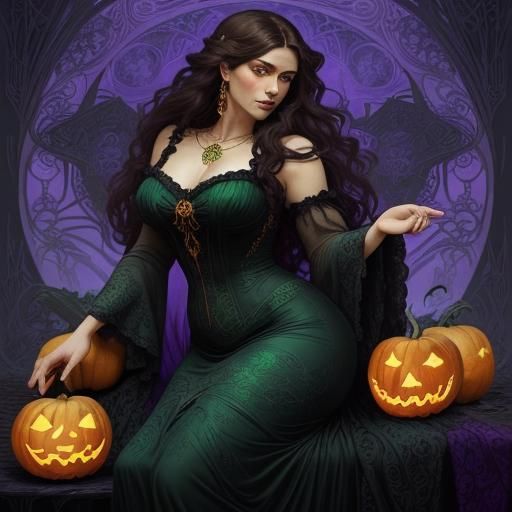 Art Nouveau Witch Casting Spells in Mystical Setting