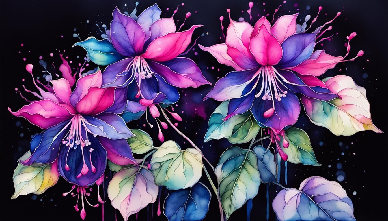 Floral Ink Drawing with Fuchsia and Indigo Accents