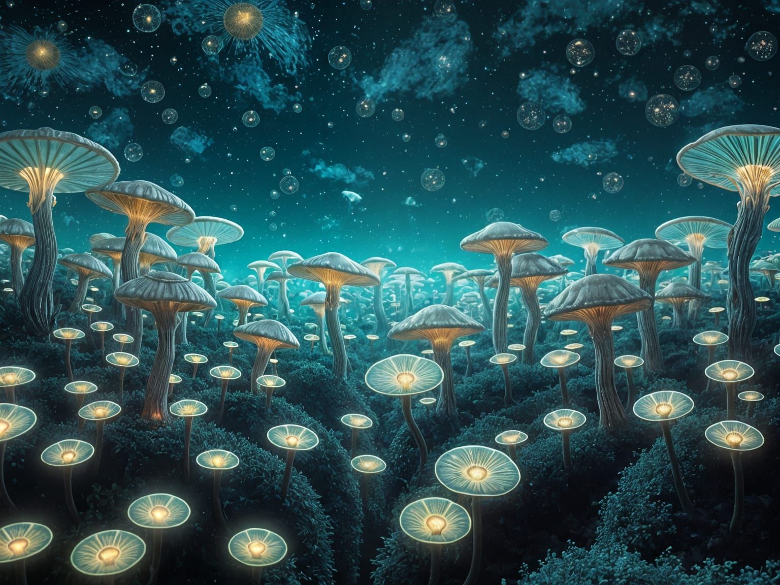 Bioluminescent Mushroom Field in Art Nouveau Style