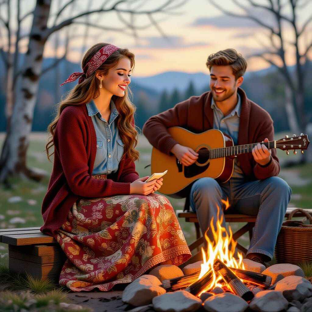 1950s Folk Singer Around Campfire