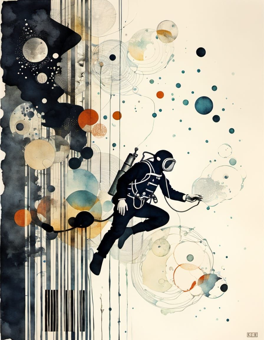 Victorian Diver in Ukiyo-e Style Collage