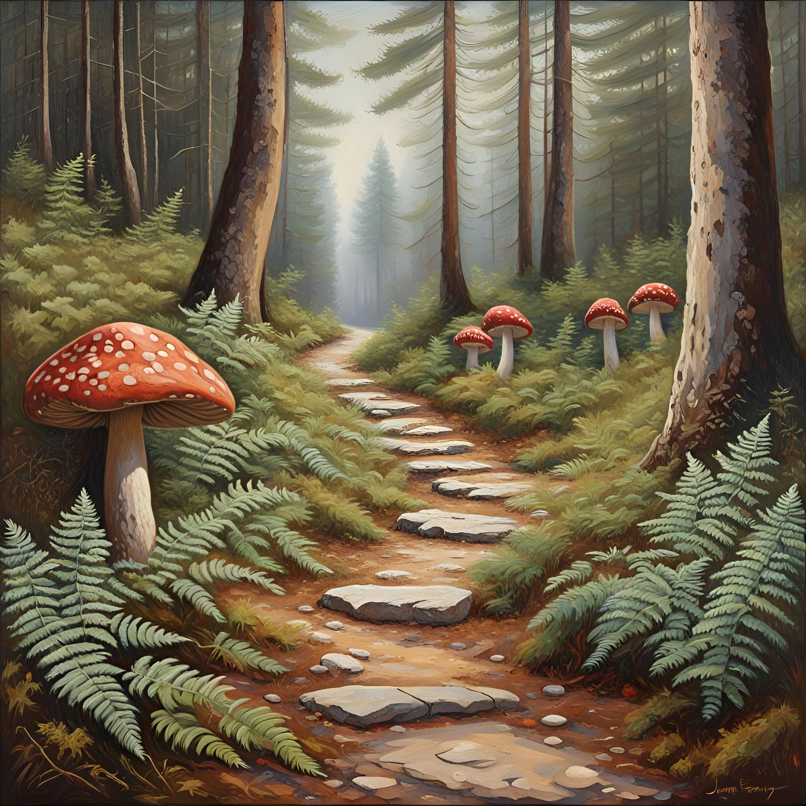 Stone Path Through Pine Forest: Realistic Oil Painting