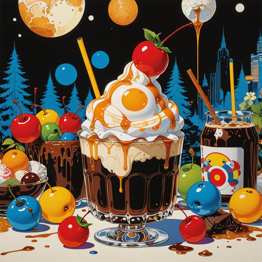 Surreal Root Beer Float in Futuristic Pop Art Style