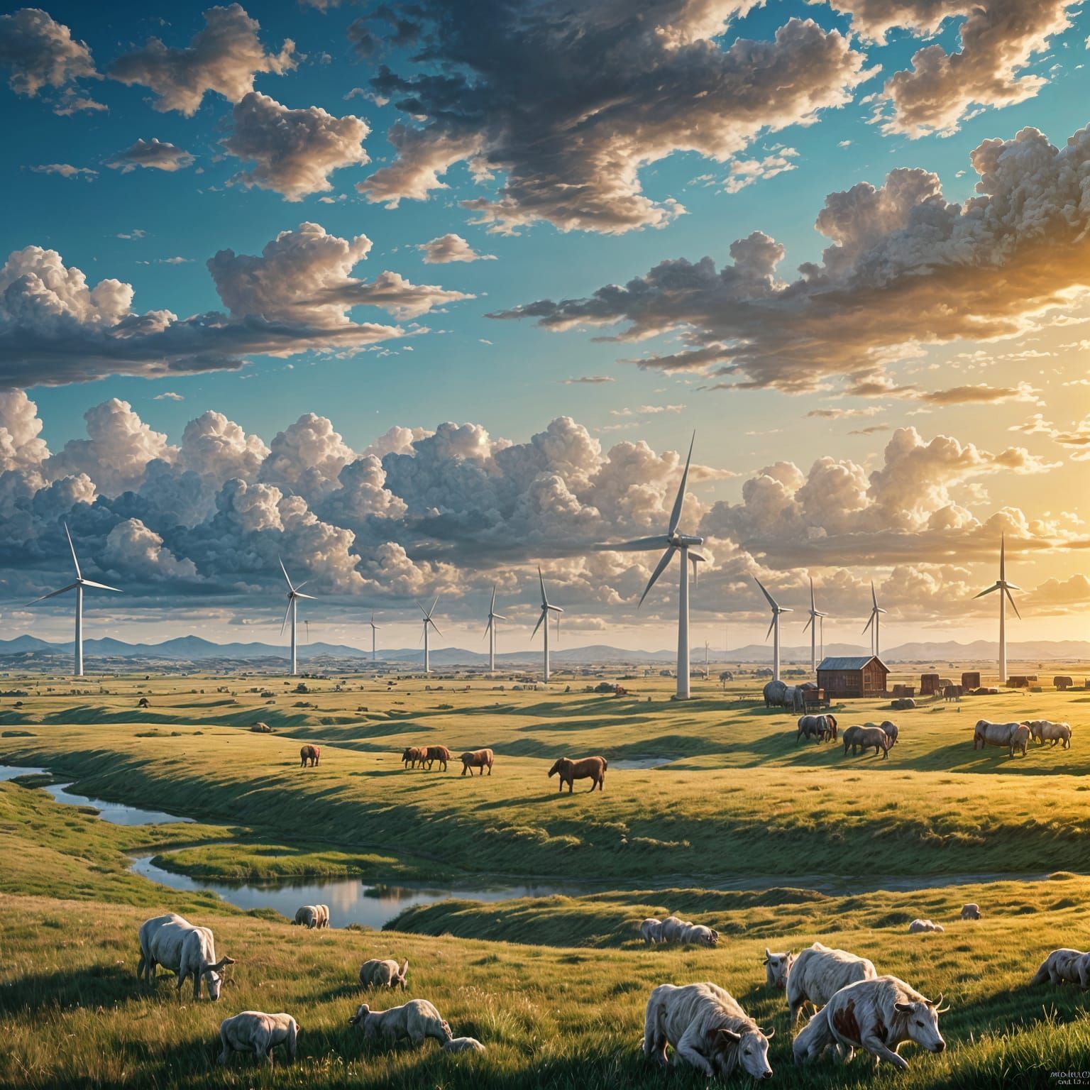 Texas Plains: Cattle, Wind Turbines, and Blue Sky