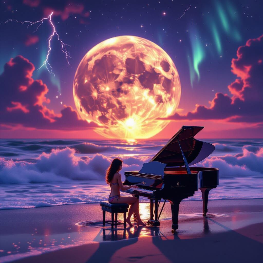 Surreal Seascape: Giant Glowing Moon Rises Over Fiery Ocean