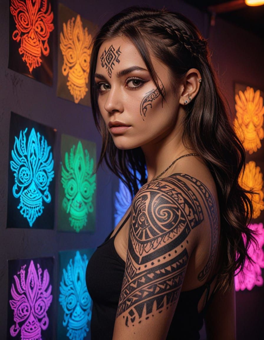 Girl with Tribal Tattoo Designs in Neon-Lit Studio