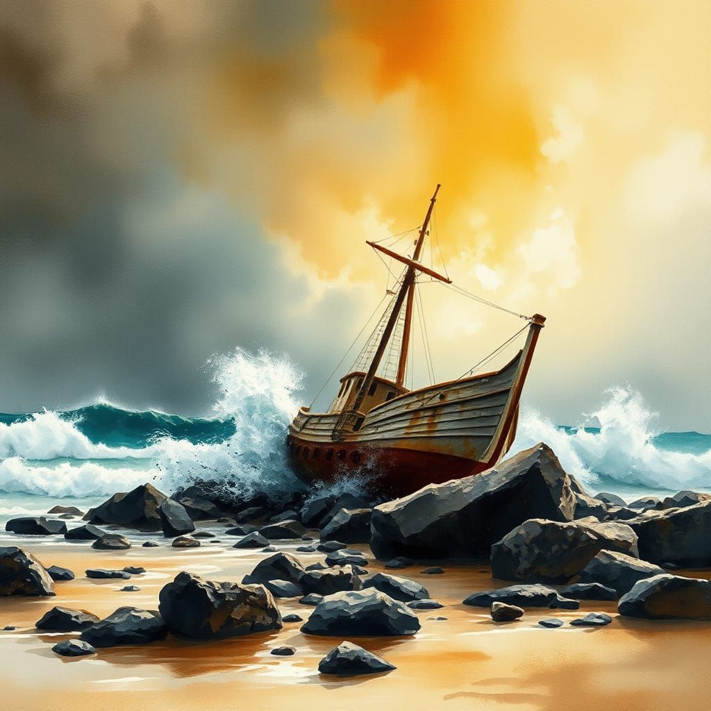 Stormy Beach Scene in Expressive Watercolor Style