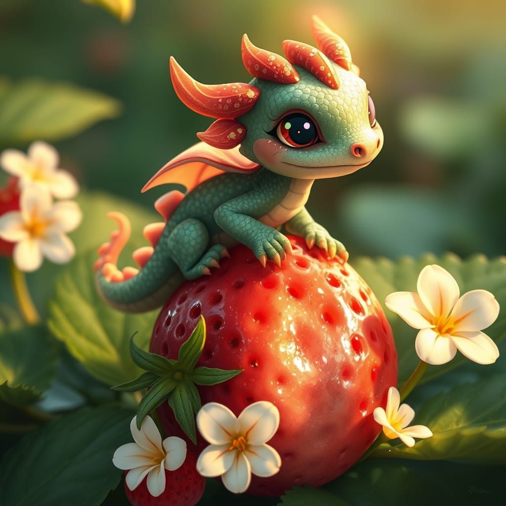 Whimsical Dragon Perched on a Plump Strawberry