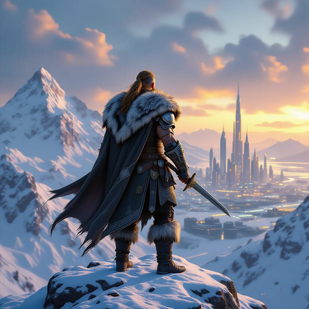 Viking Warrior Overlooking Futuristic Cityscape