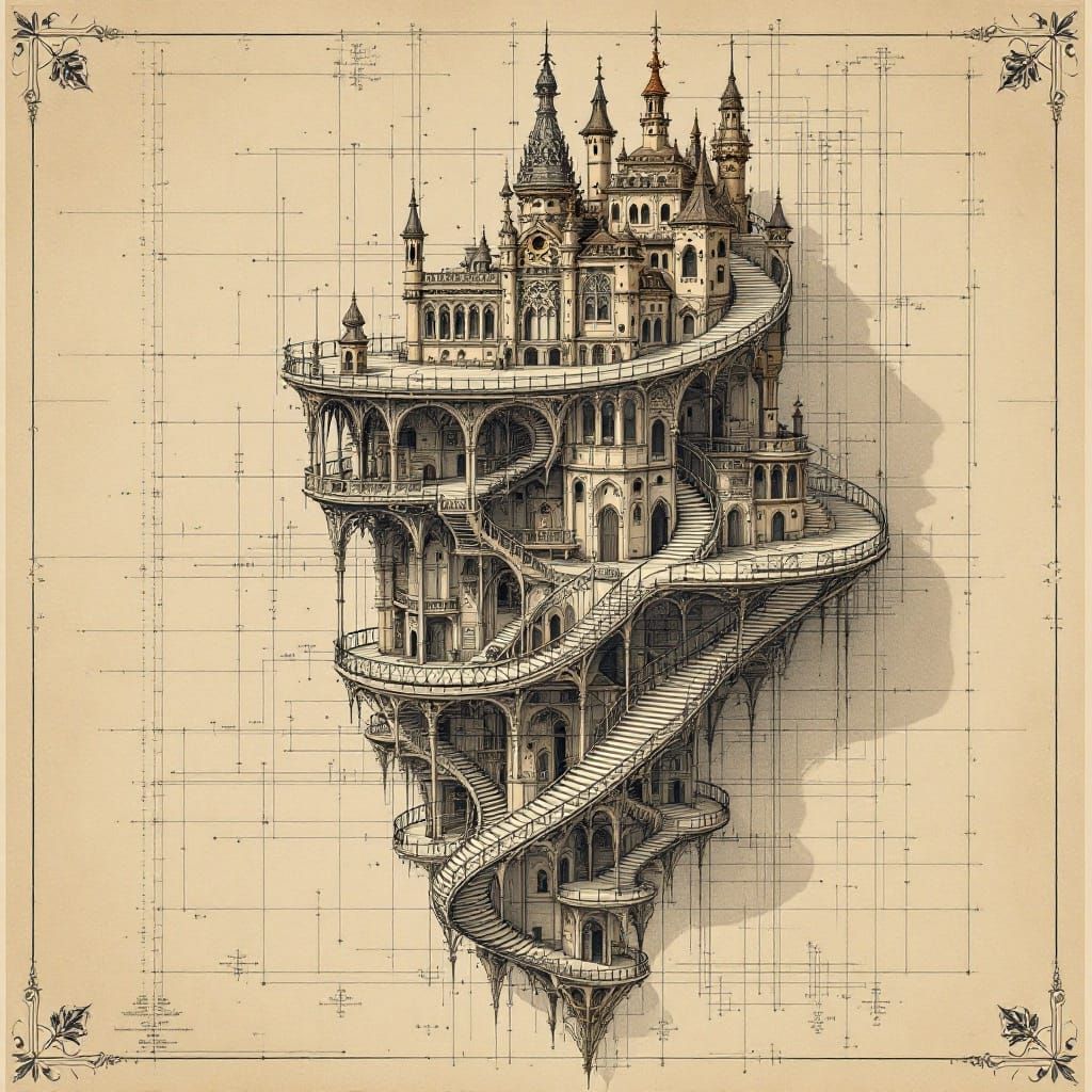 Ethereal Castle of Impossible Staircases in Escher Style