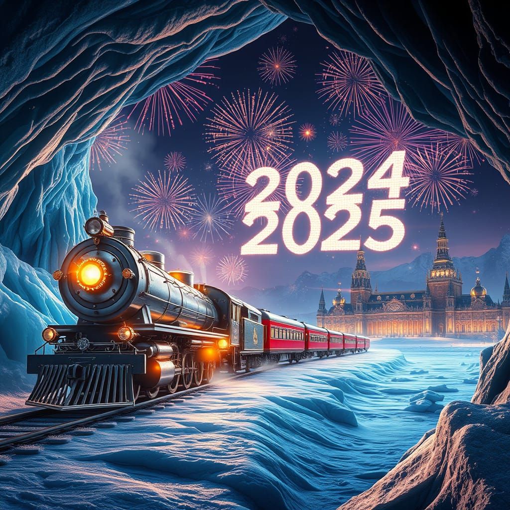 Majestic Train Emerge from Crystal Ice Cave in Vibrant, Fant...